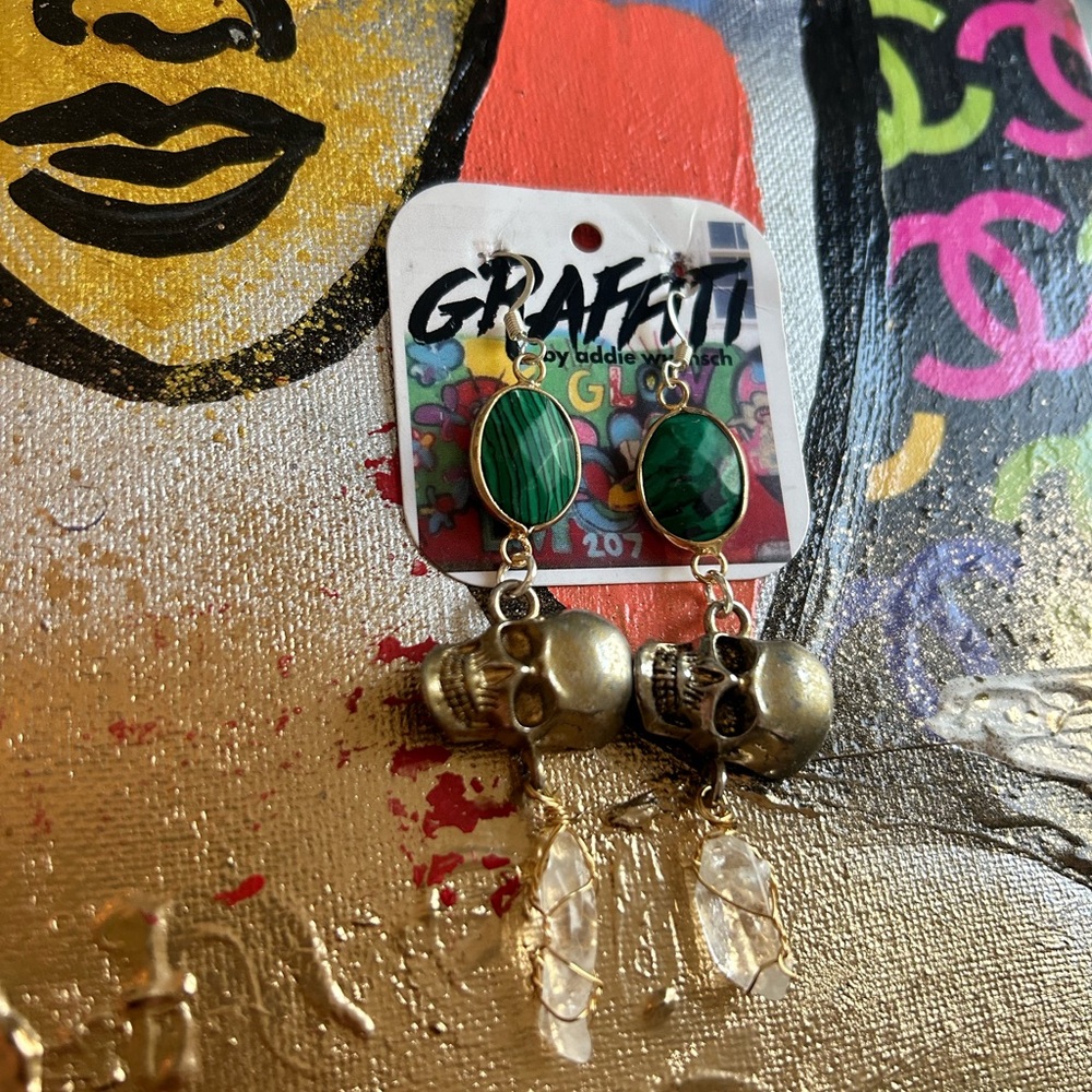 Spray Painted Gold and Green Malachite Oval Skull Earrings